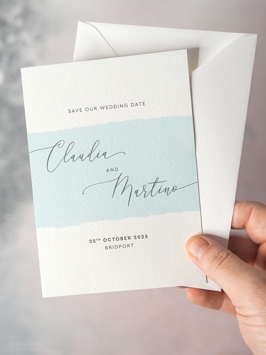 Simplicity Stripe A6 Save the Date in Aqua, Printed on 'The Italian' - Front of Card