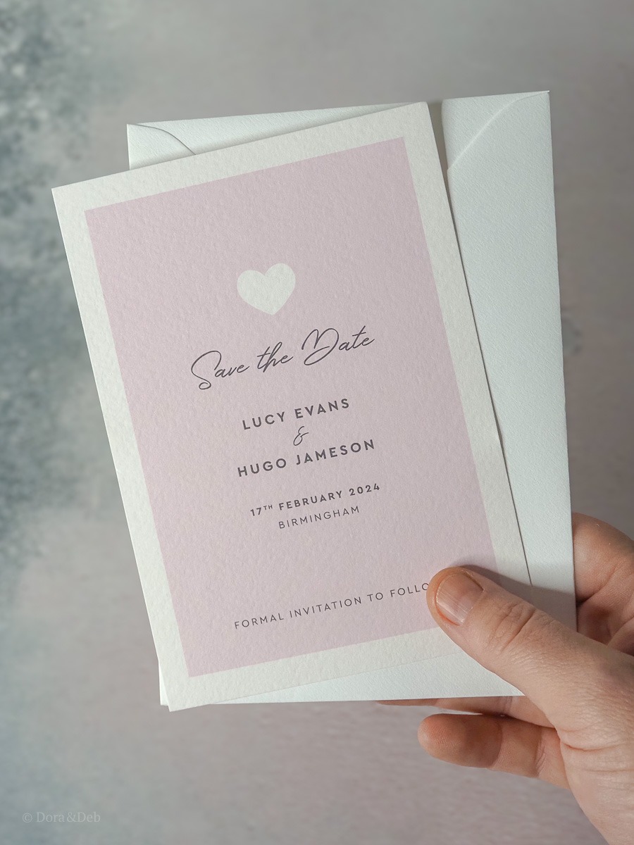 Modern Romance A6 Save the Date in Pink, Printed on 'The Italian' - Front of Card