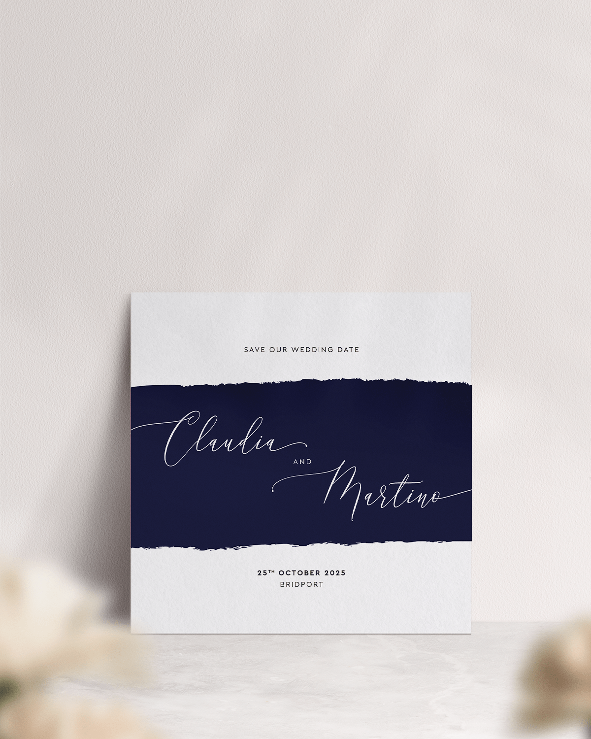 Square Simplicity Stripe Wedding Save the Date in 'Midnight'. Front of Card.
