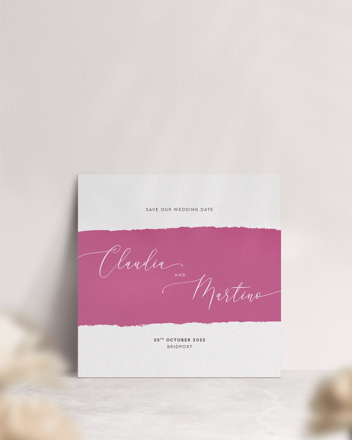 Square Simplicity Stripe Wedding Save the Date in 'Raspberry'. Front of Card.