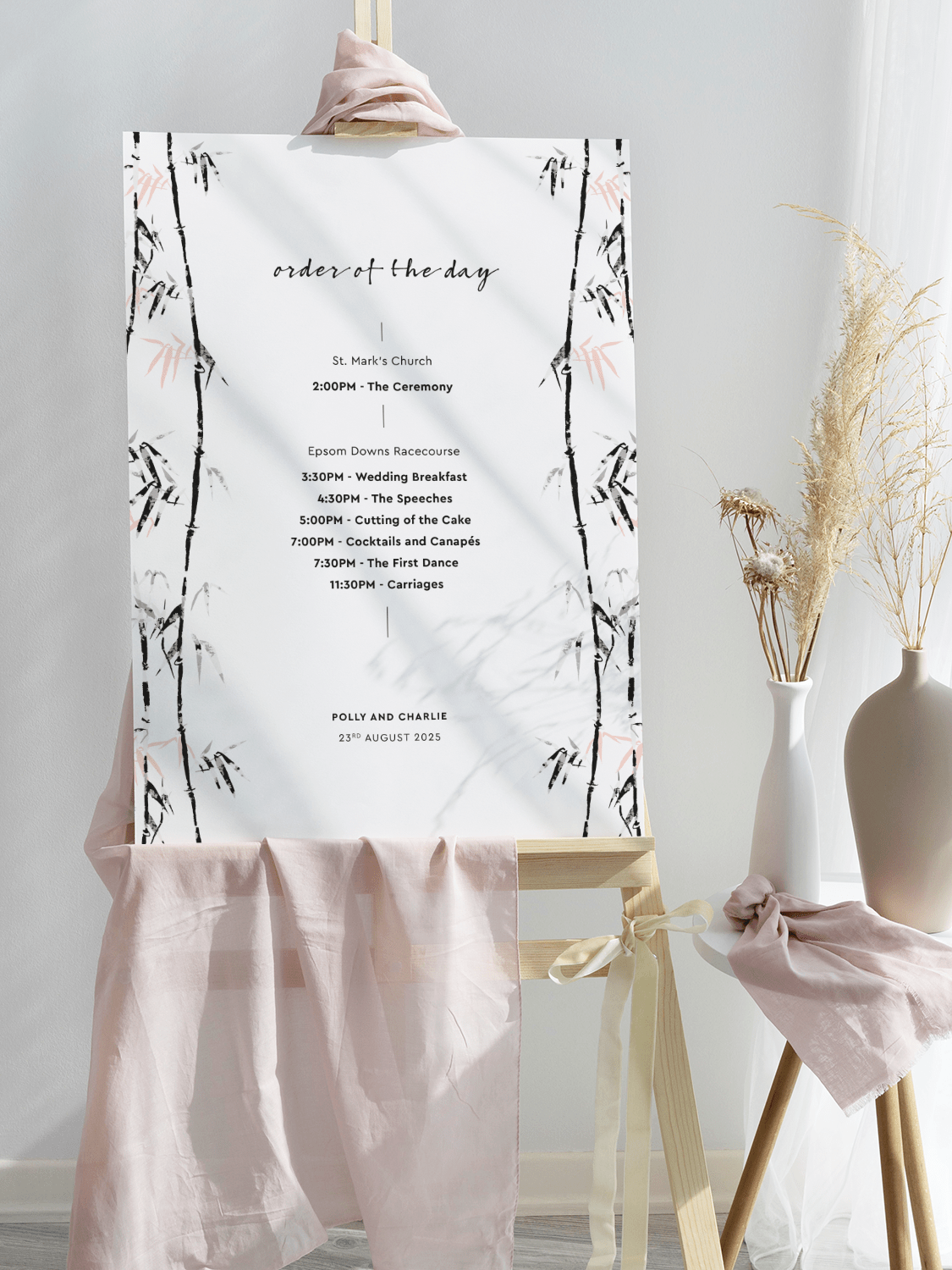 White Bamboo Wedding Order of the Day Sign - Centred Portrait