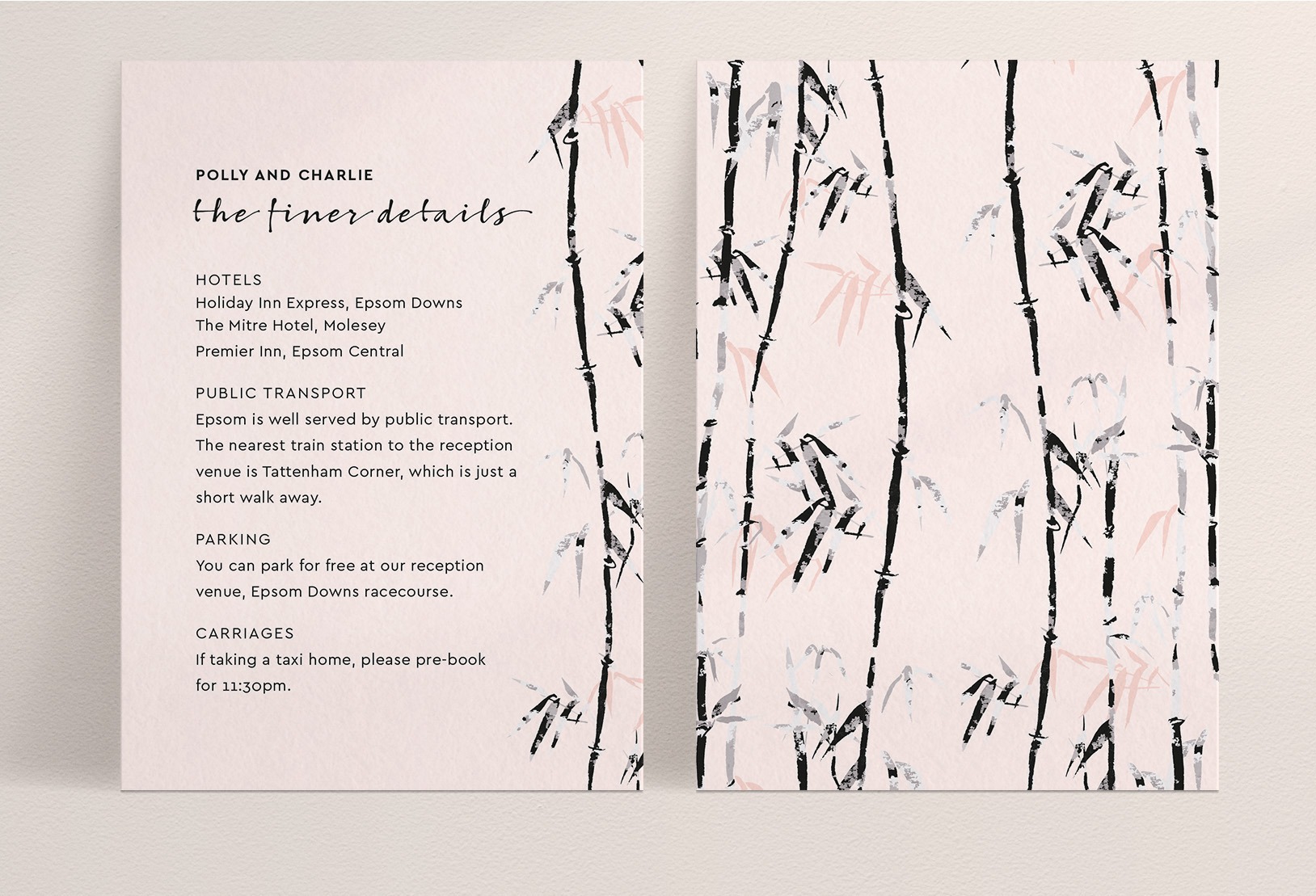 Bamboo Pink Wedding Details Card A6 Size