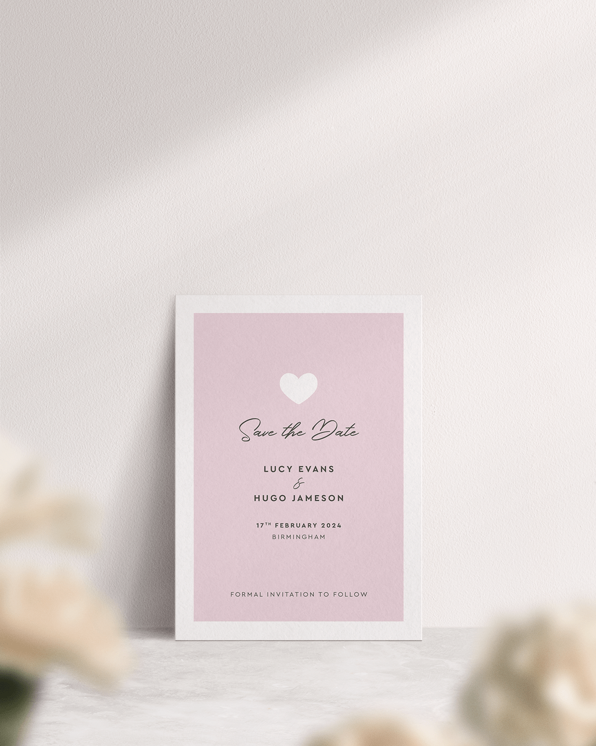 Modern Romance Wedding Save the Date in 'Pretty in Pink'. Front of Card.