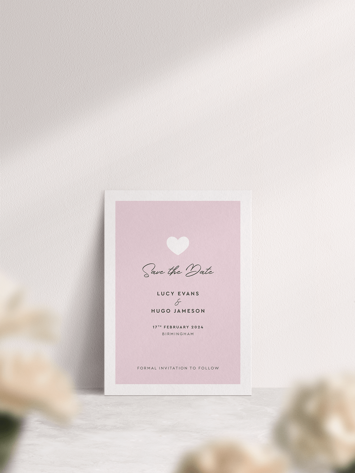 Modern Romance Wedding Save the Date in 'Pretty in Pink'. Front of Card.