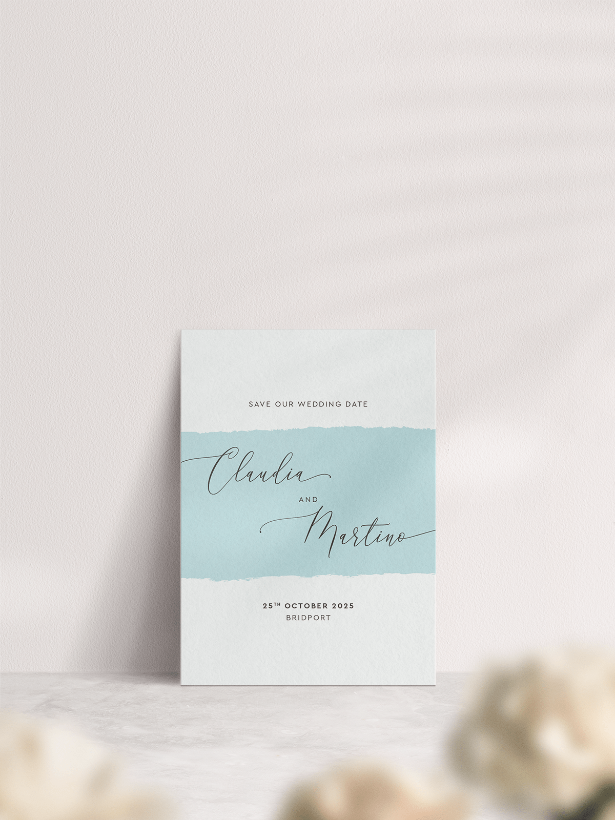 A6 Simplicity Stripe Wedding Save the Date in 'Aqua'. Front of Card.