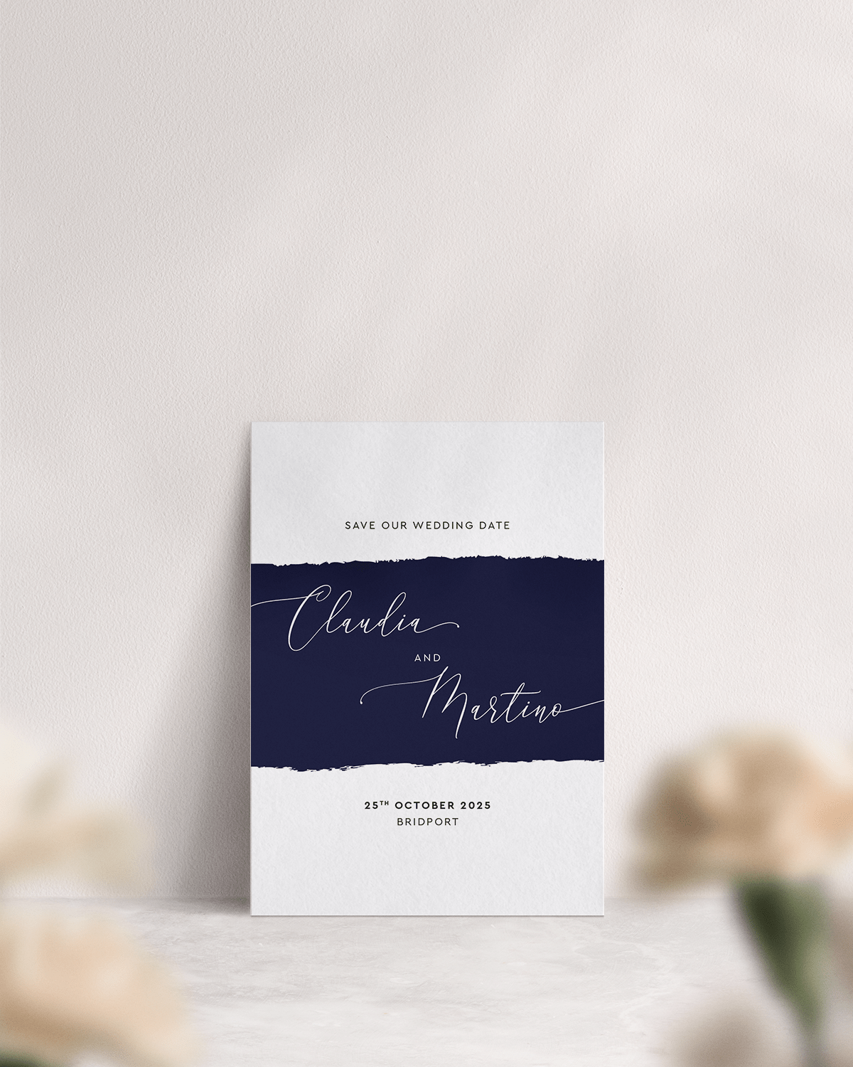 Simplicity Stripe Wedding Save the Date in 'Midnight'. Front of Card.
