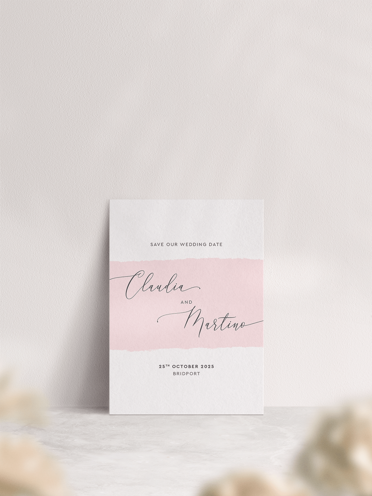 A6 Simplicity Stripe Wedding Save the Date in 'Soft Pink'. Front of Card.
