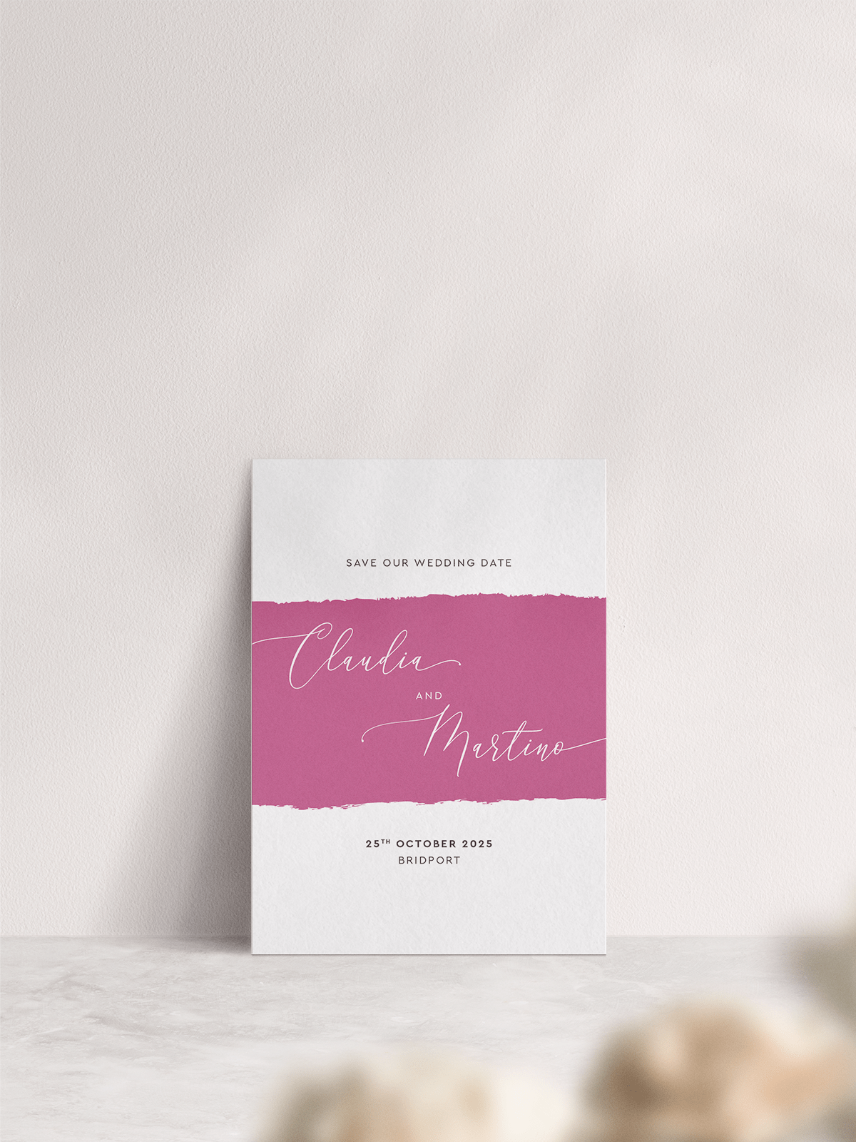 A6 Simplicity Stripe Wedding Save the Date in 'Raspberry'. Front of Card.