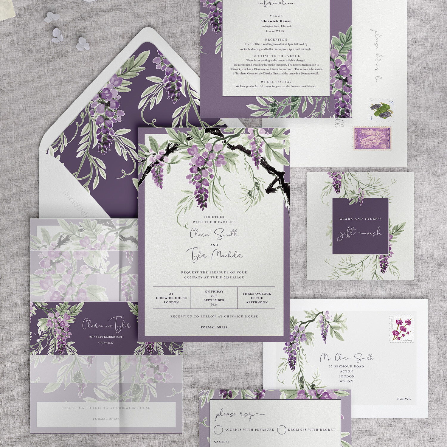 Wisteria Falls - Lilac-Plum - Wedding Invitation Suite