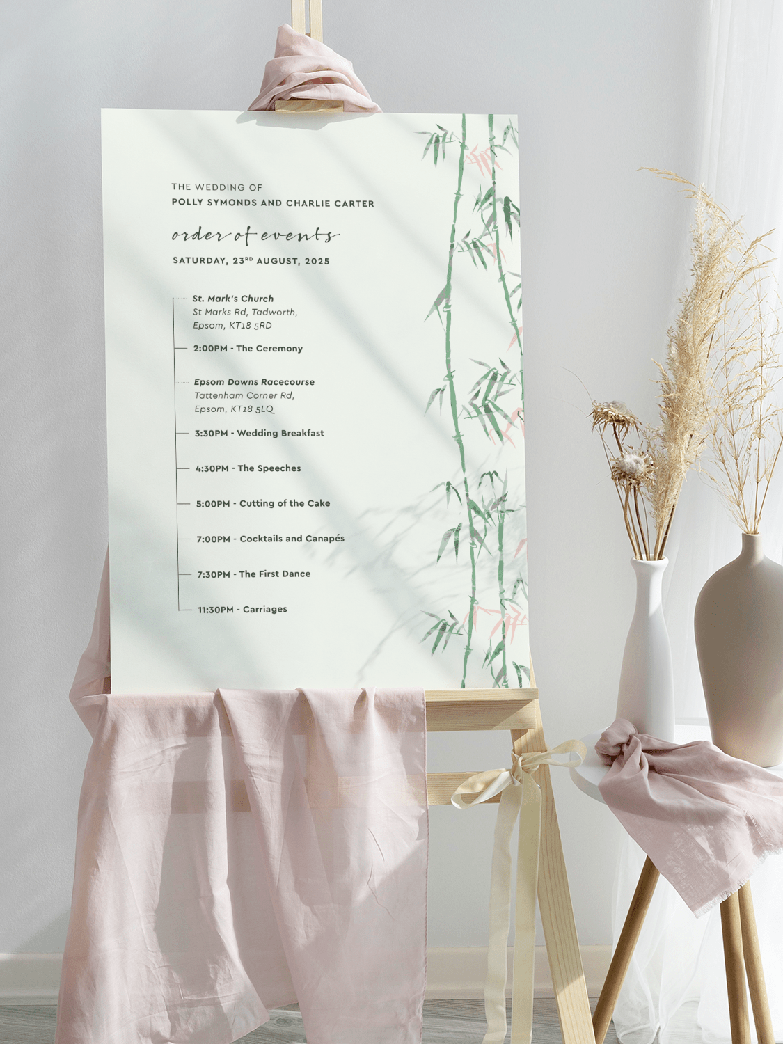 Green Bamboo Wedding Sign - Order of the Day Portrait