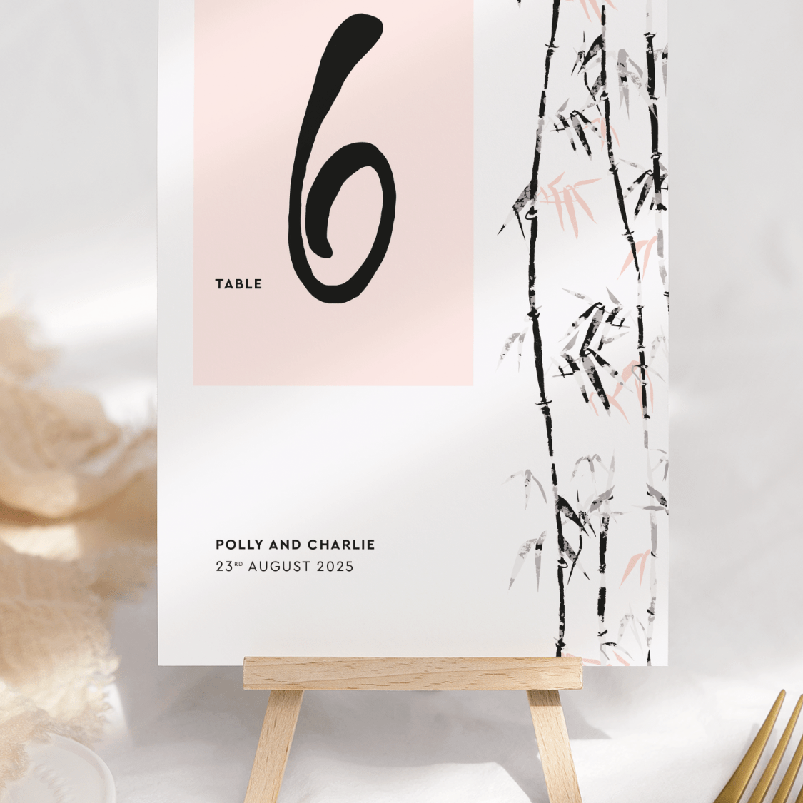 Meditative Bamboo Table Number Card - Front in White and Pink