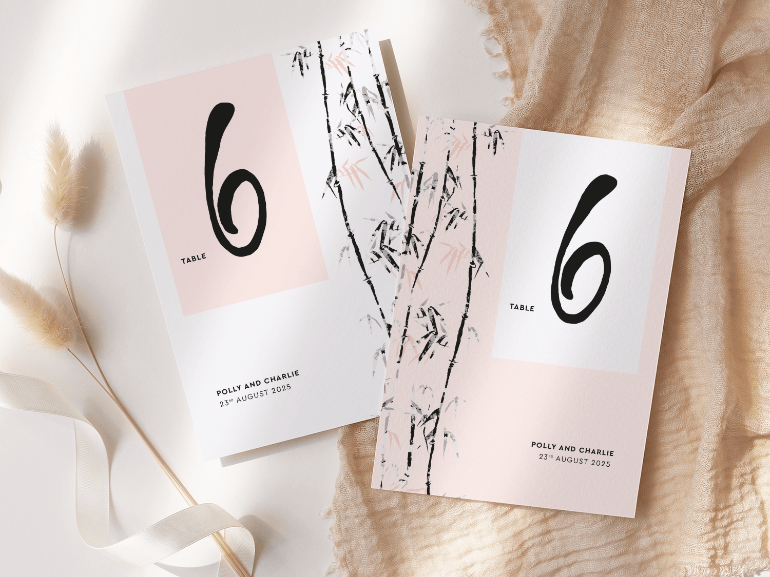 Meditative Bamboo Table Number Card - Double Sided Pink and White