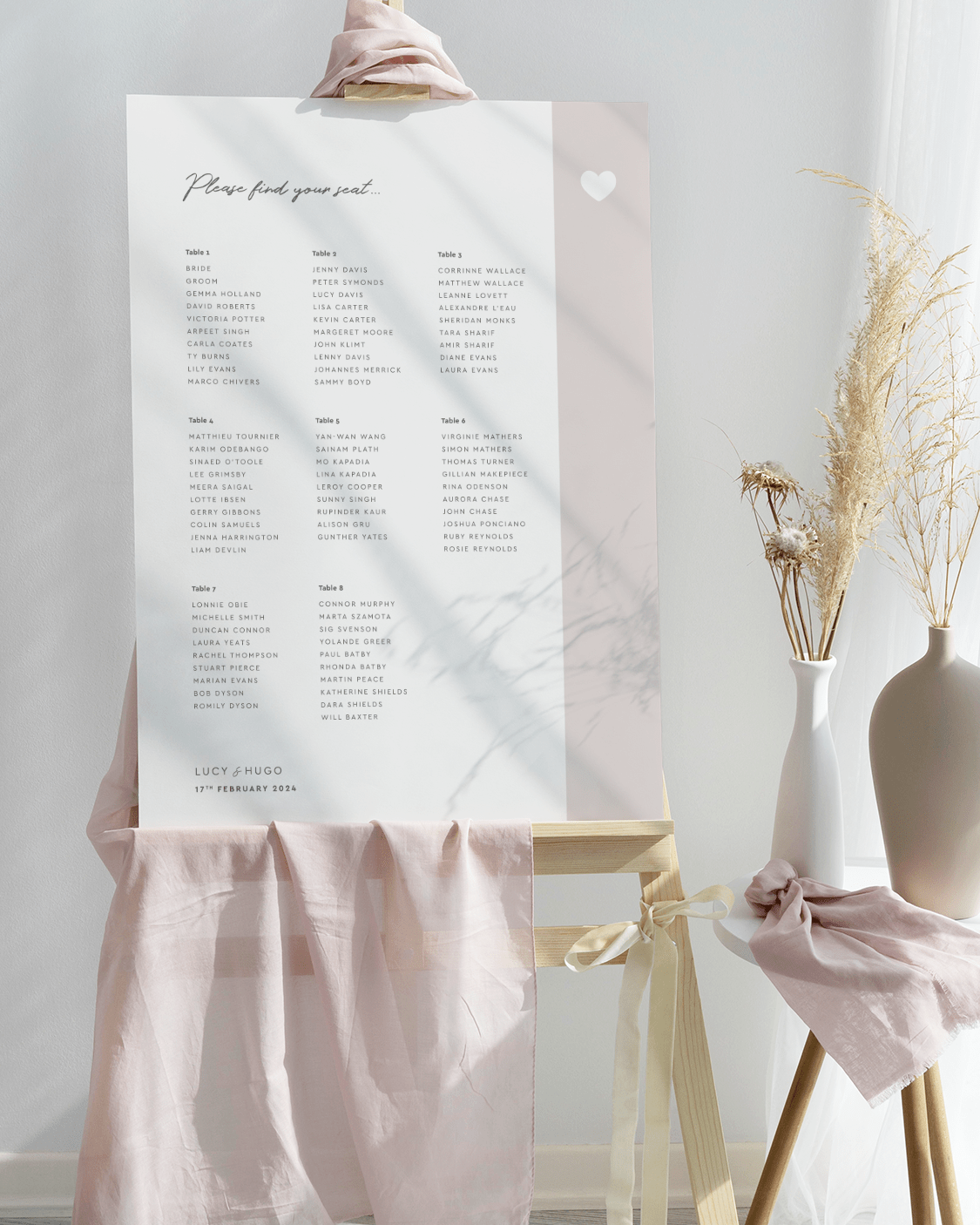 Love Heart Beige Wedding Table Plan - Portrait