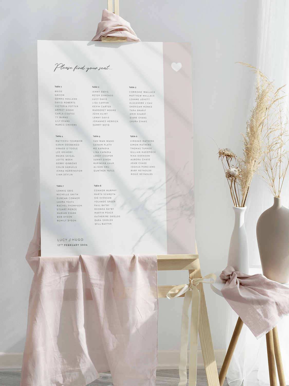 Love Heart Beige Wedding Table Plan - Portrait