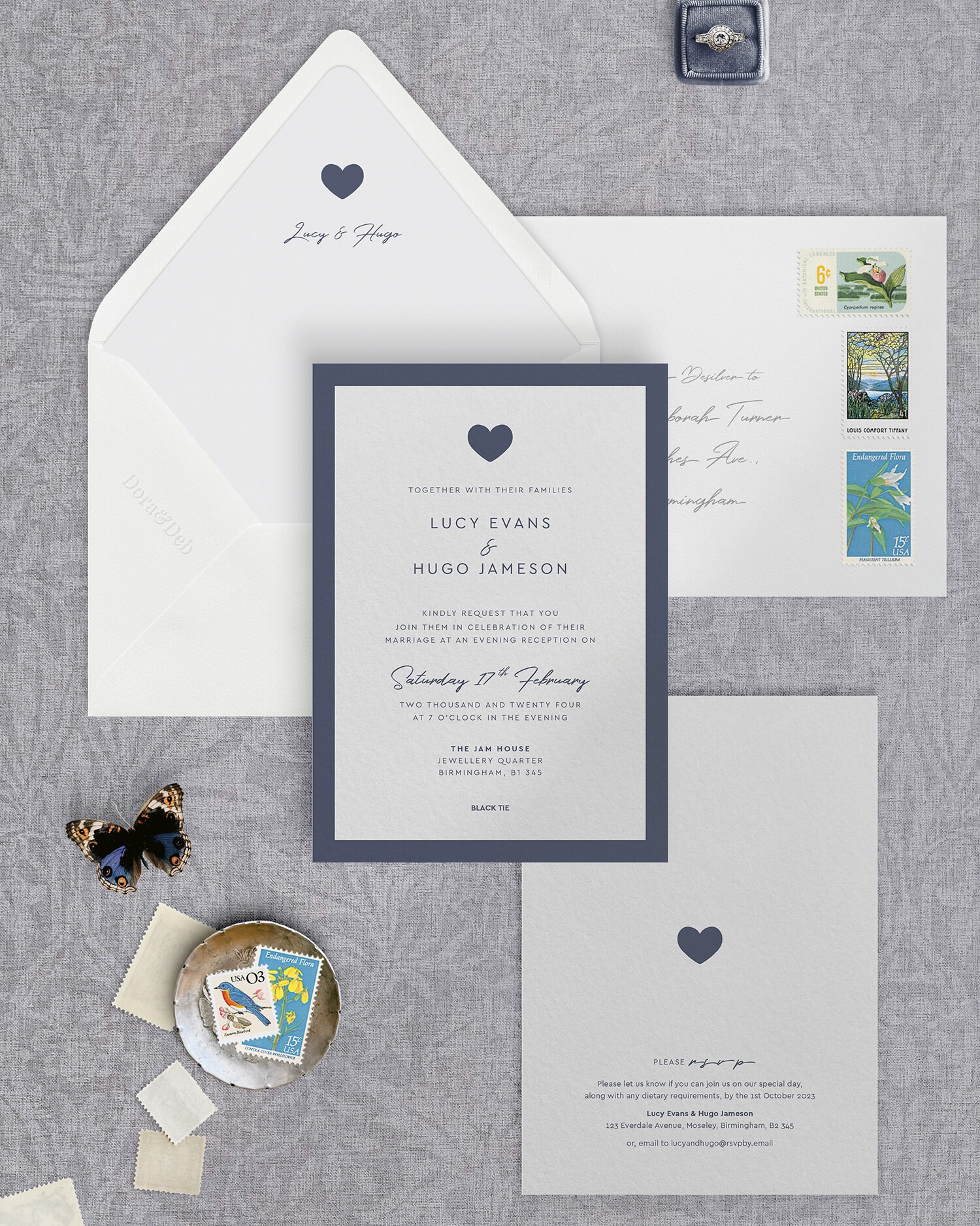 Modern Romance Blue Wedding Reception Invitation