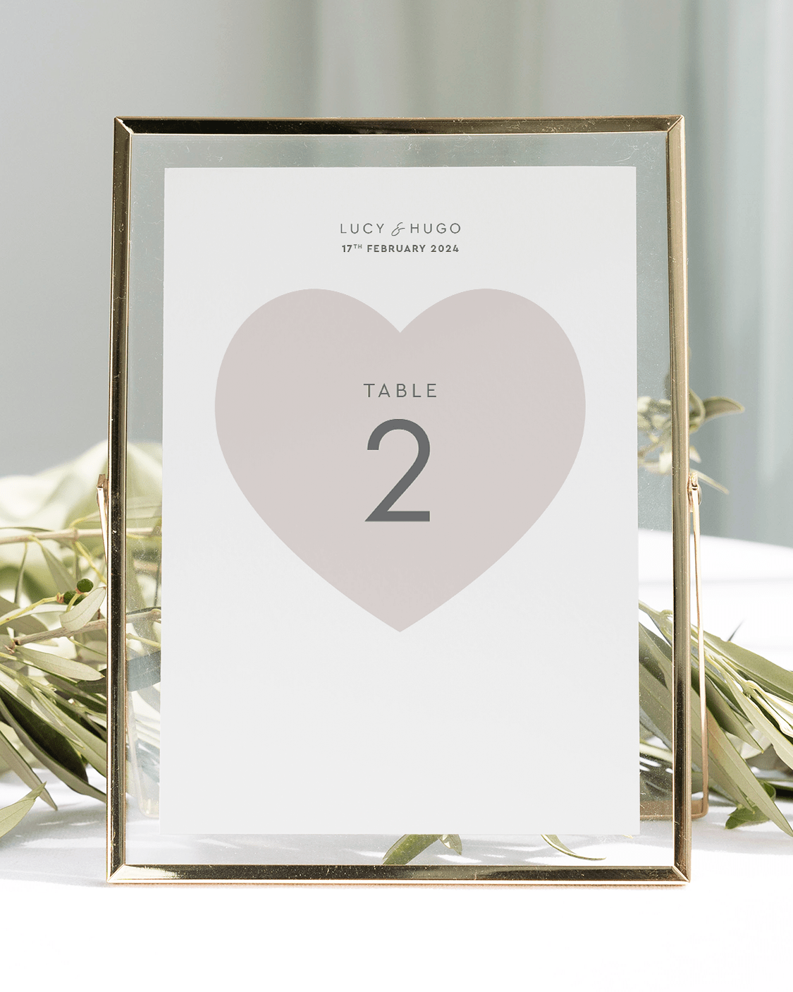 Love Heart Wedding Table Number in Putty - Front