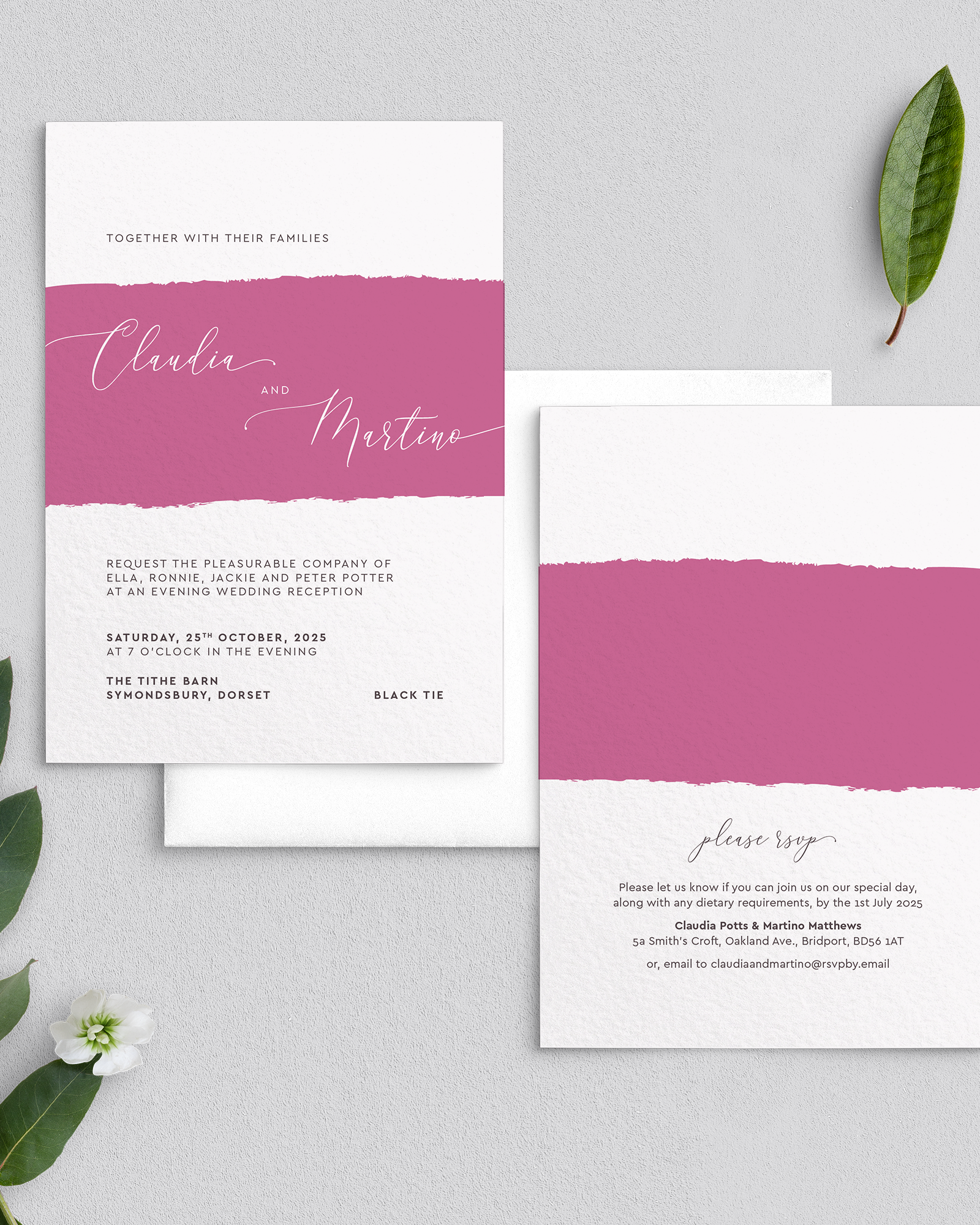 Raspberry Pink Stripe Wedding Reception Invitation - Double Sided