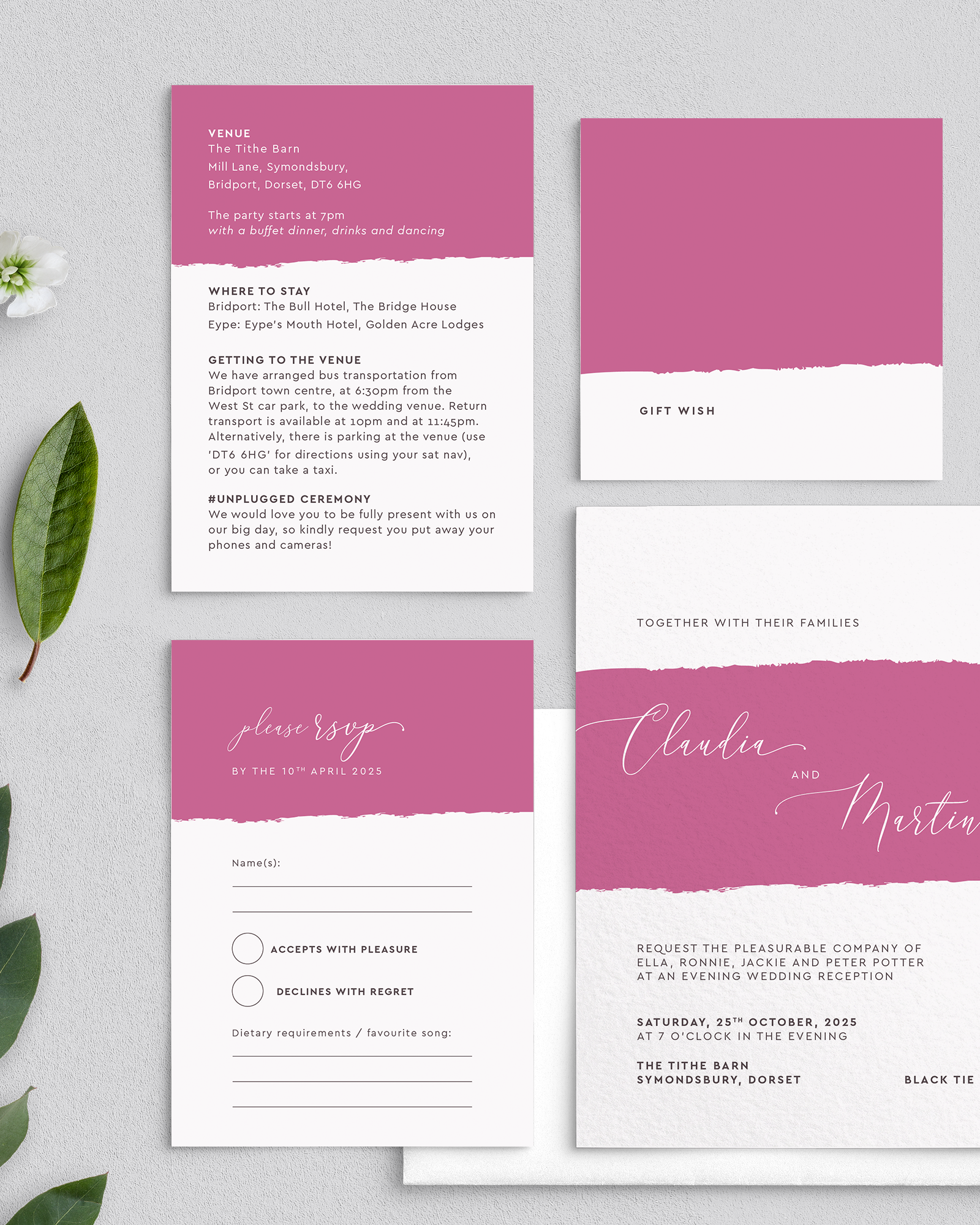 Raspberry Pink Stripe Wedding Reception Invitation - With Enclosures