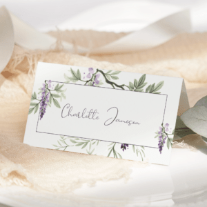 Wisteria Falls wedding place card in Morning Light, front view