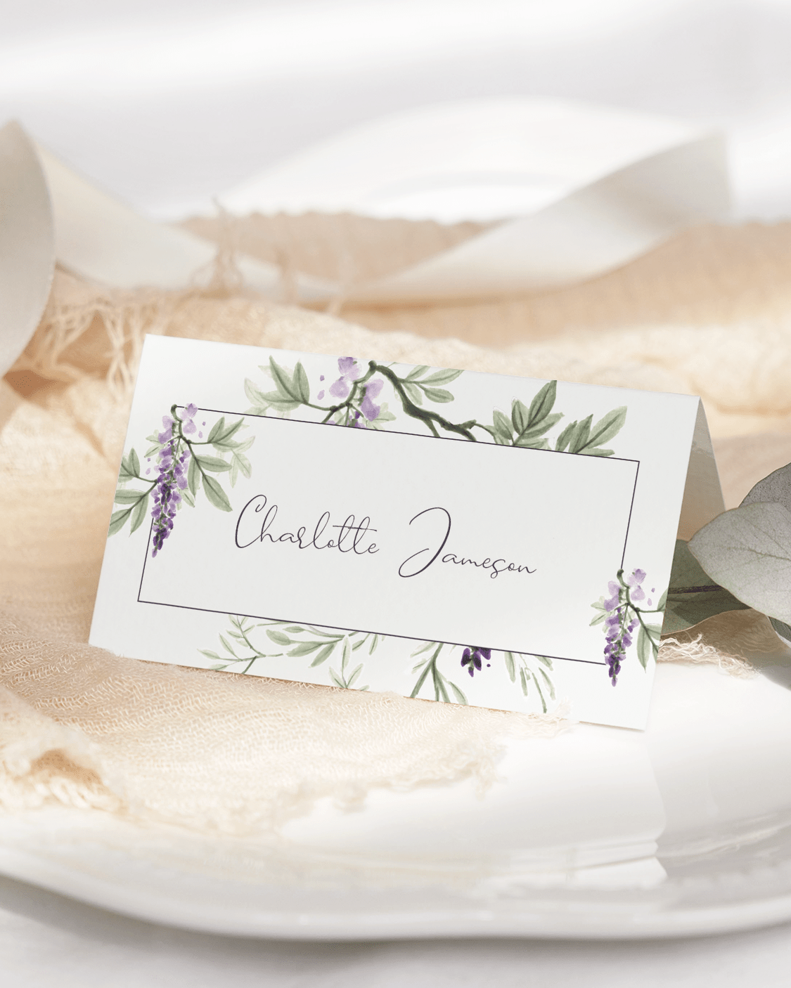 Wisteria Falls wedding place card in Morning Light, front view