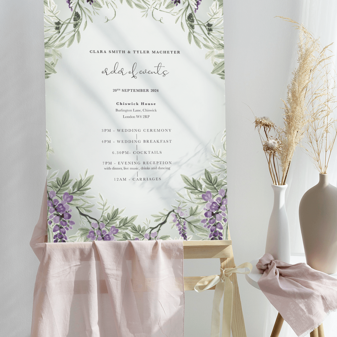 Wisteria Wedding Order of the Day Sign - Subtle Green