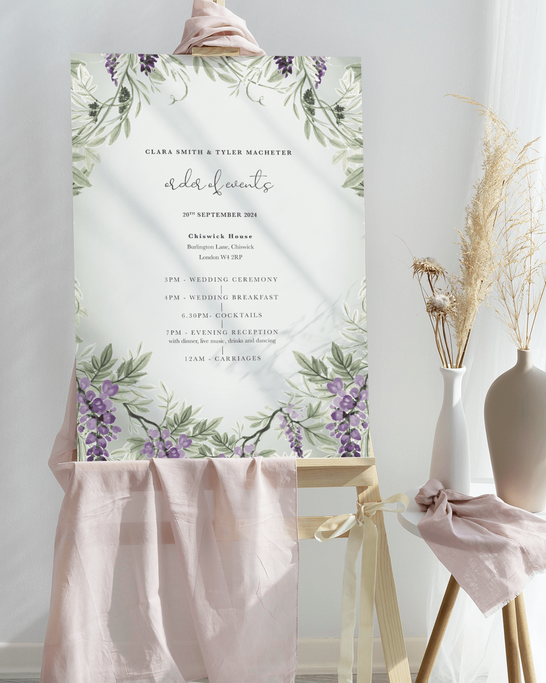 Wisteria Wedding Order of the Day Sign - Subtle Green
