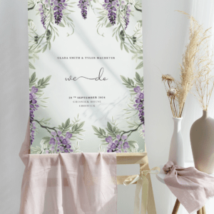 Large Wisteria Falls wedding welcome sign in Garden Green