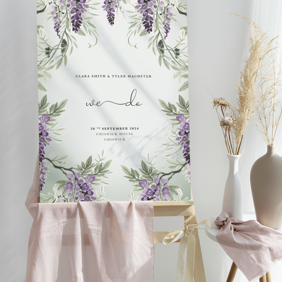 Large Wisteria Falls wedding welcome sign in Garden Green