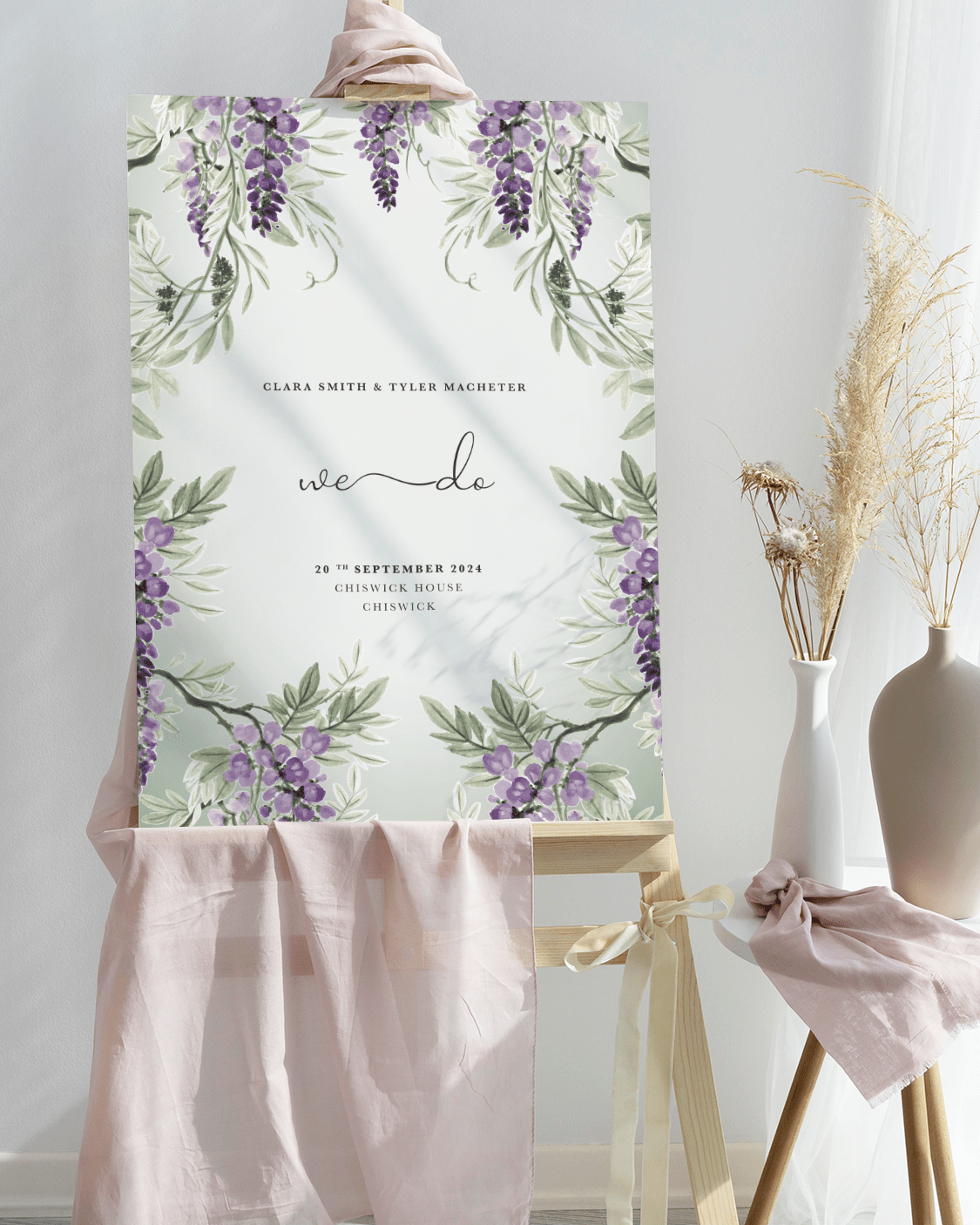 Large Wisteria Falls wedding welcome sign in Garden Green