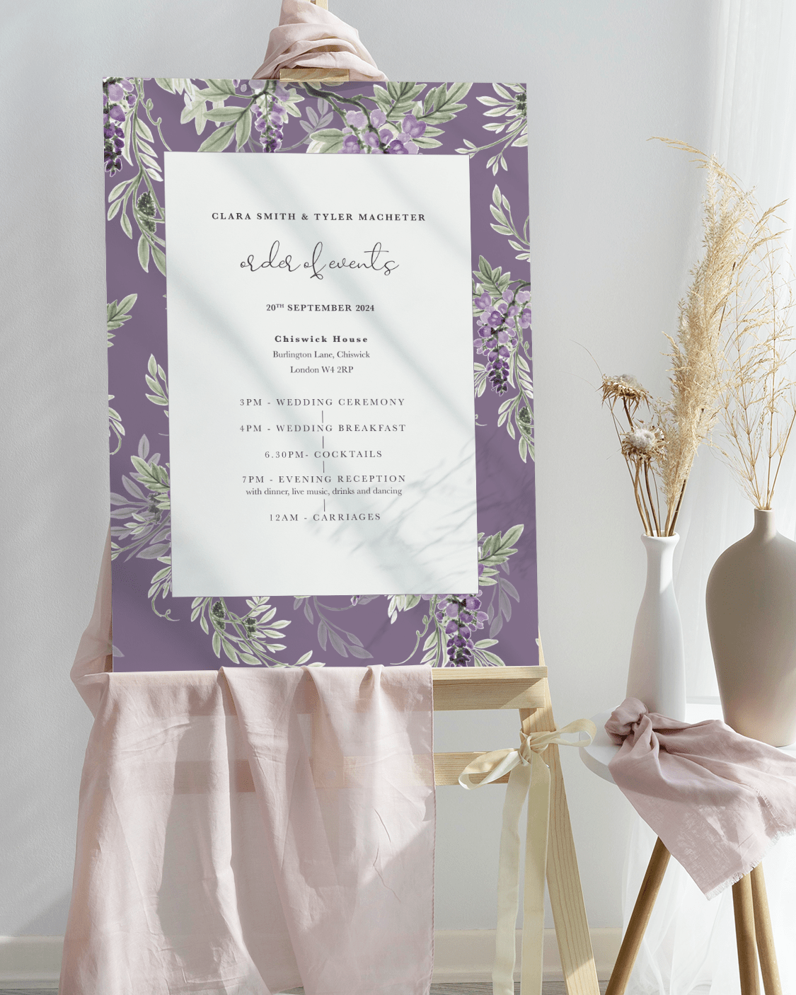 Wisteria Lilac Wedding Order of the Day Sign - Bordered (V2)