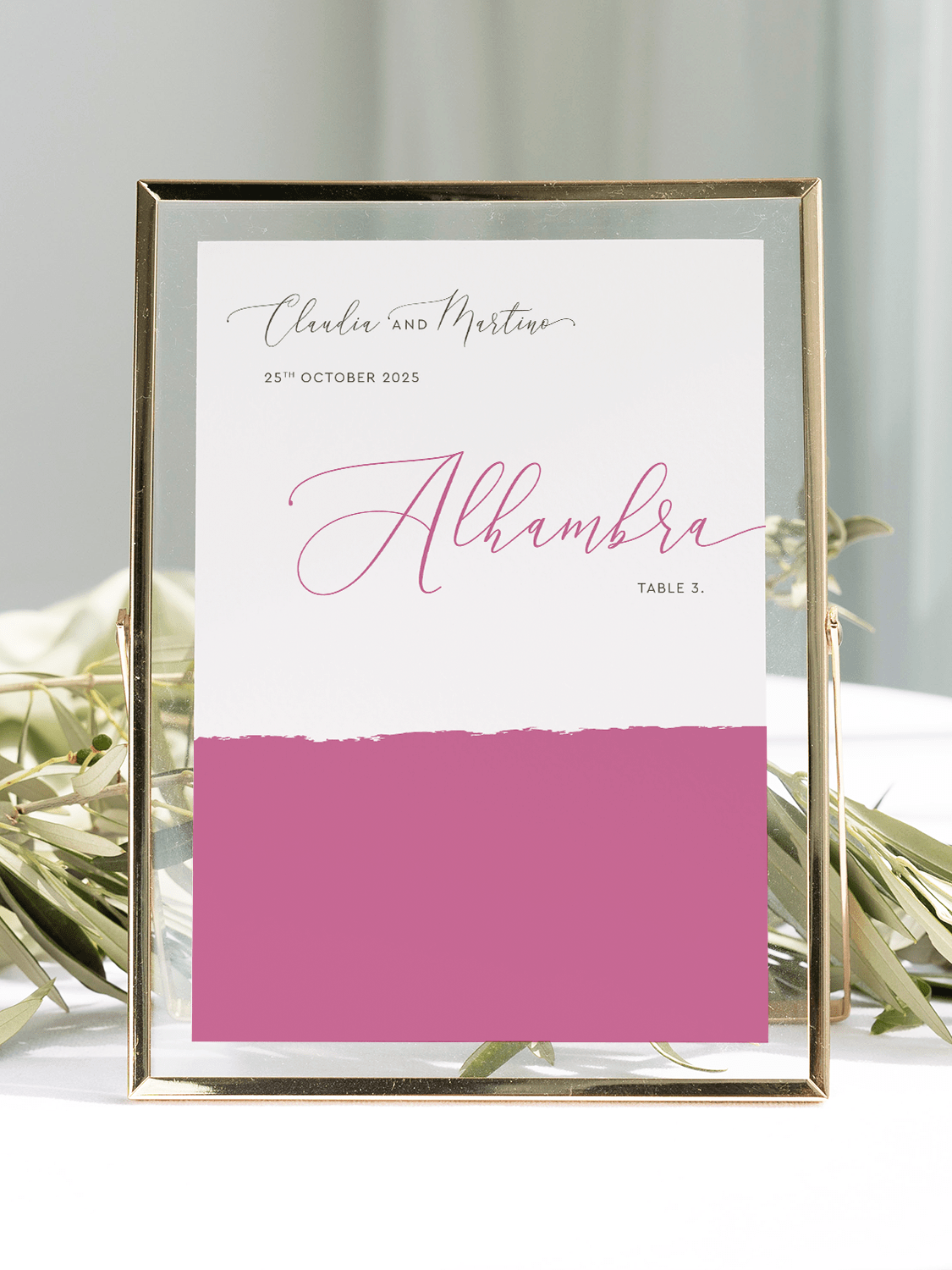 Raspberry Pink Stripe Wedding Table Name Card