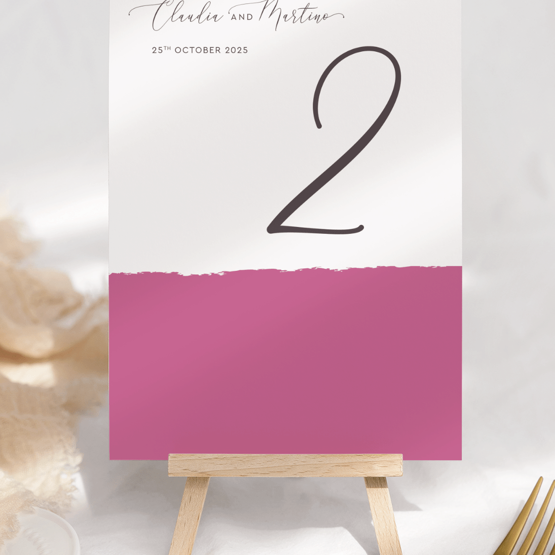 Raspberry Pink Stripe Wedding Table Number Card