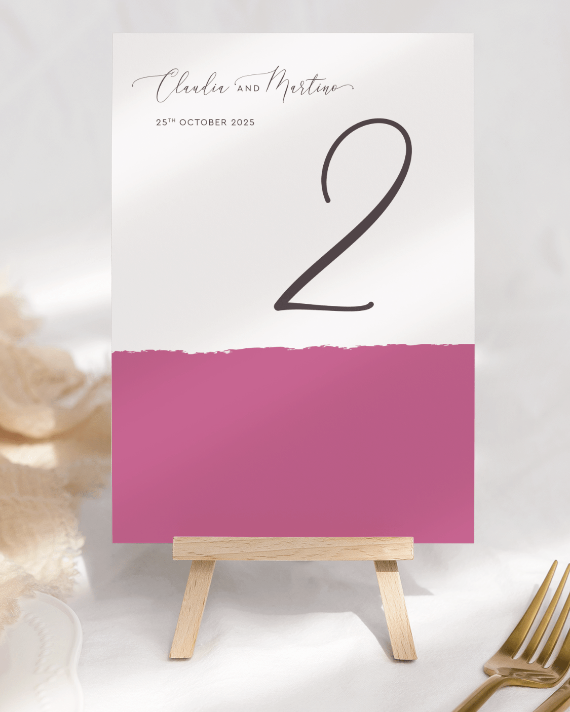 Raspberry Pink Stripe Wedding Table Number Card
