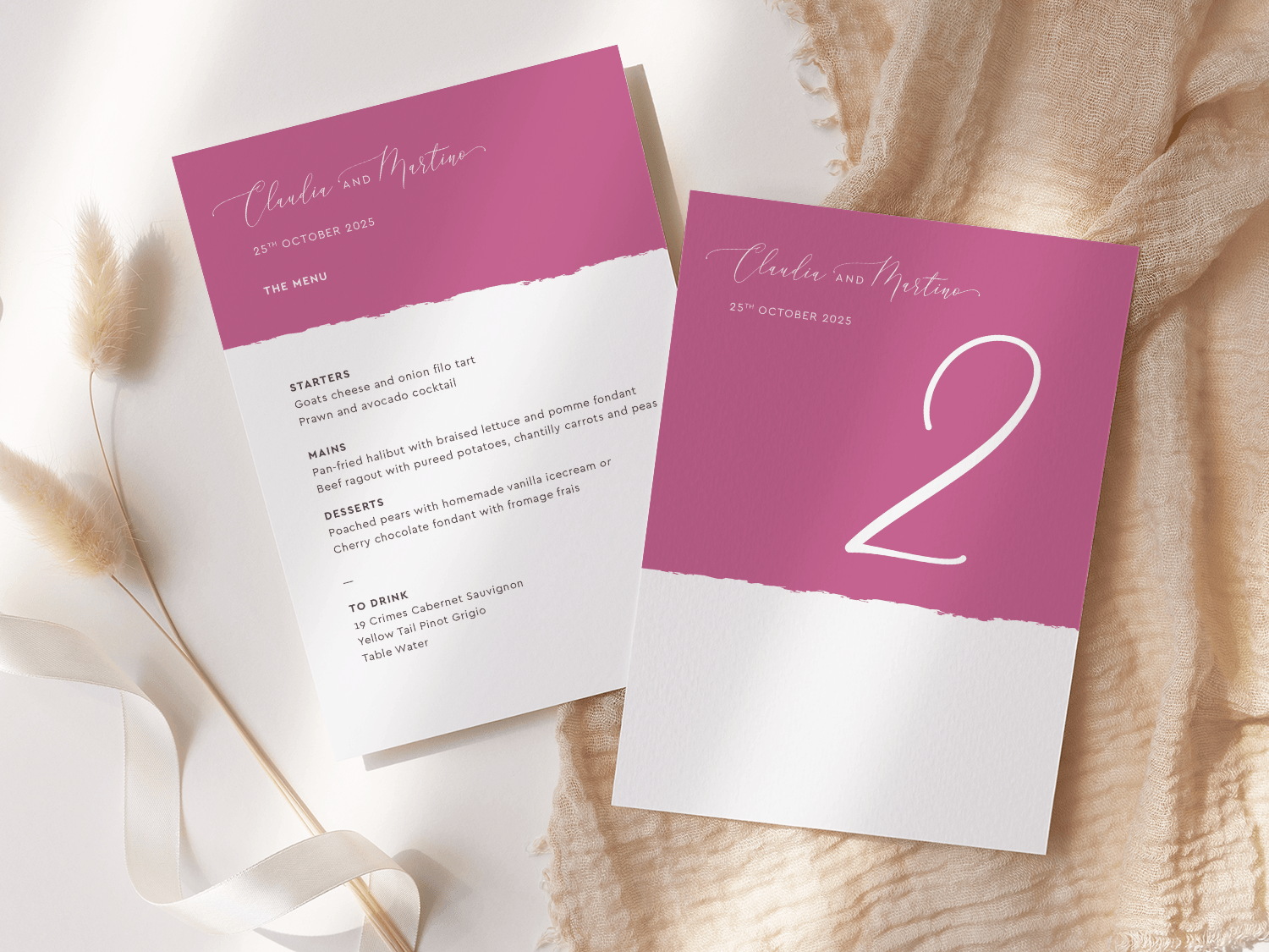 Raspberry Pink Stripe Wedding Table Number Card with Menu Reverse