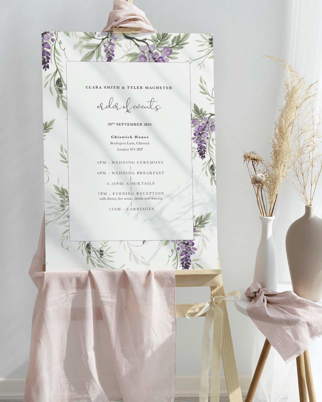 Wisteria Wedding Order of Events Sign V2 Portrait
