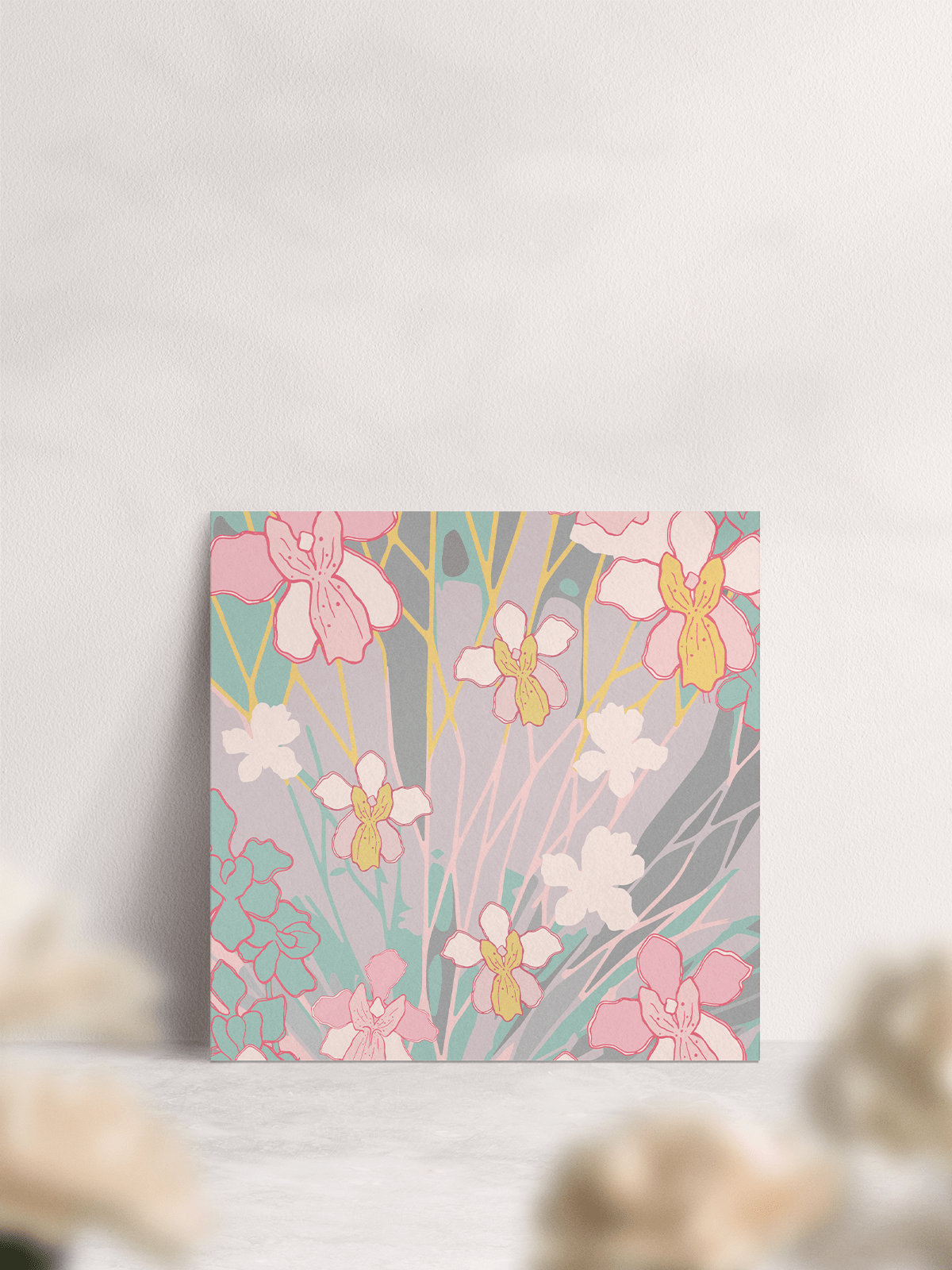 Square Singapore Orchid Wedding Save the Date in 'Pastel'. Reverse of Card.