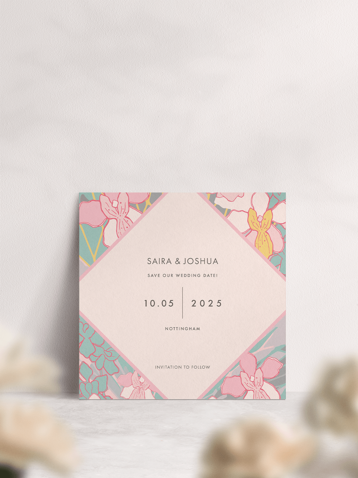 Square Singapore Orchid Wedding Save the Date in 'Pastel'. Front of Card.