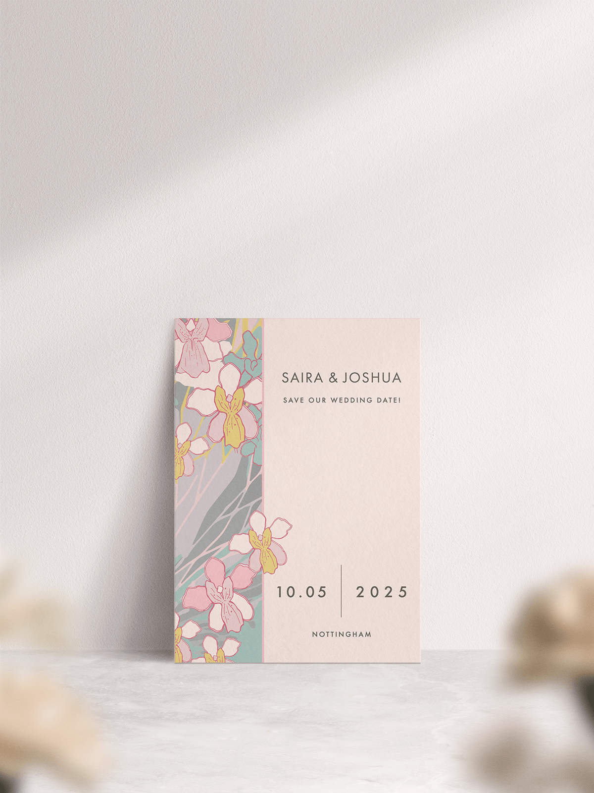 A6 Singapore Orchid Wedding Save the Date in 'Pastel'. Front of Card.