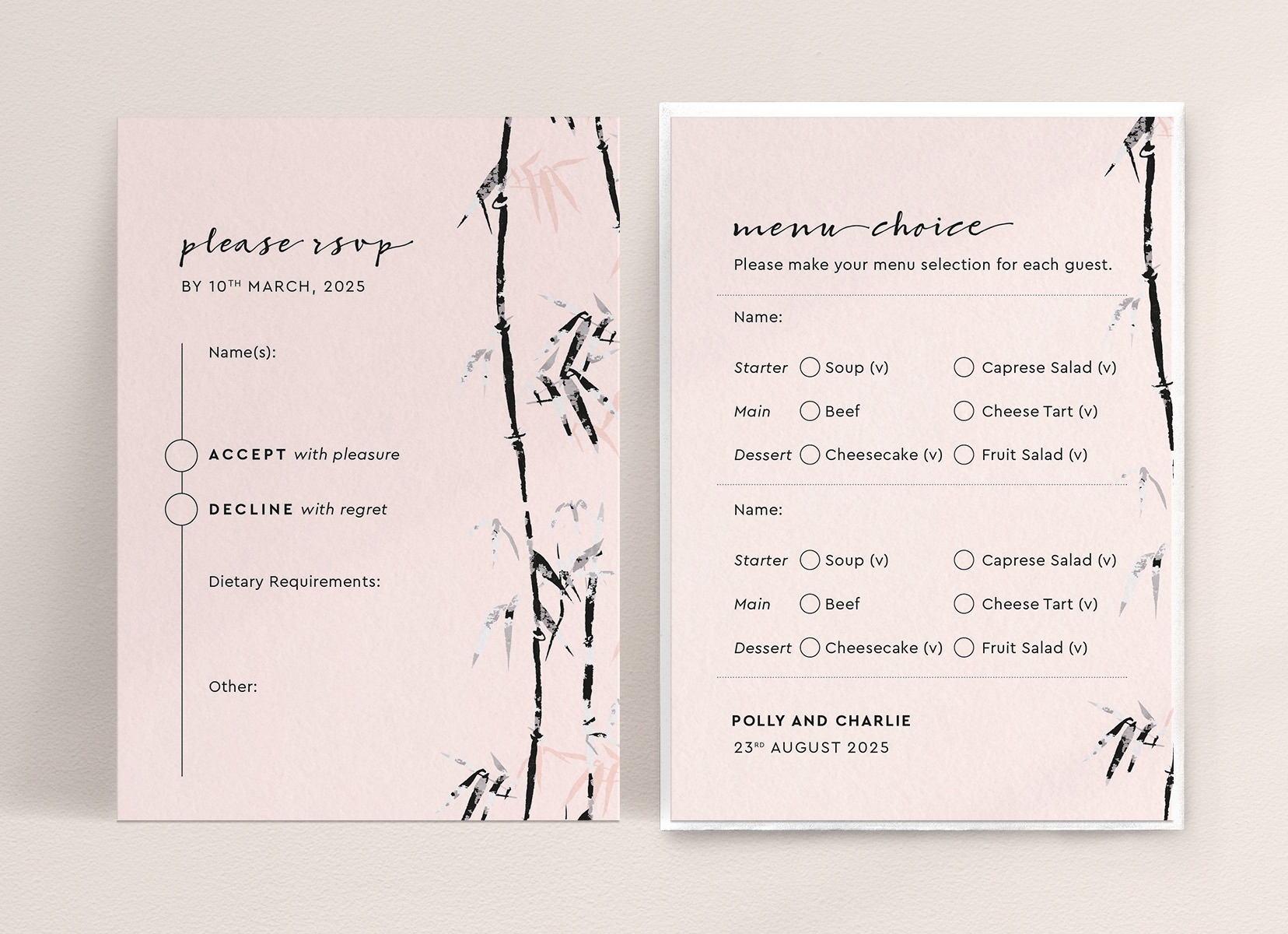 Bamboo RSVP Card in Pink - Menu Choices