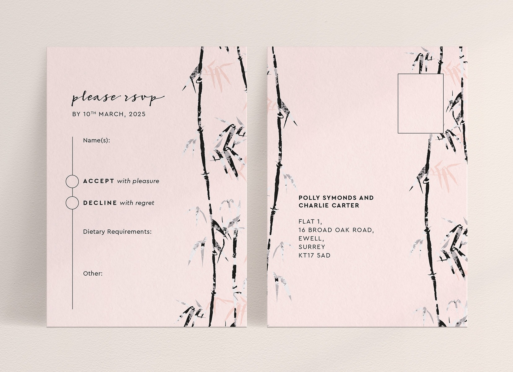 Bamboo RSVP Card in Pink - Postcard
