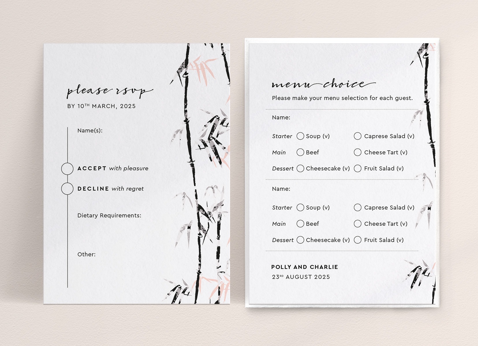 Bamboo RSVP Card in White - Menu Choices