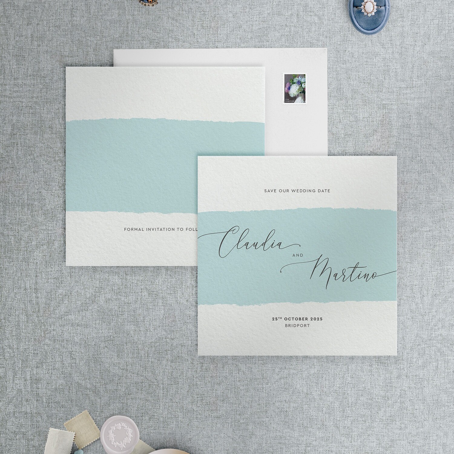 Simplicity Stripe in Aqua - Save the Date Card - SQ