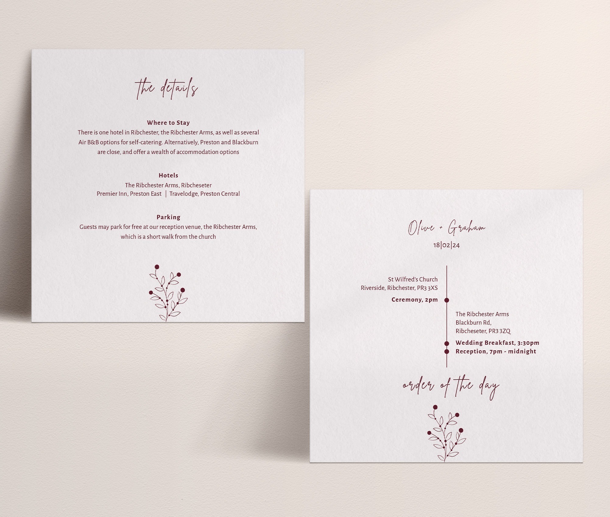 Berry Bloom in Autumn - Large Wedding Details Card with Order of Events