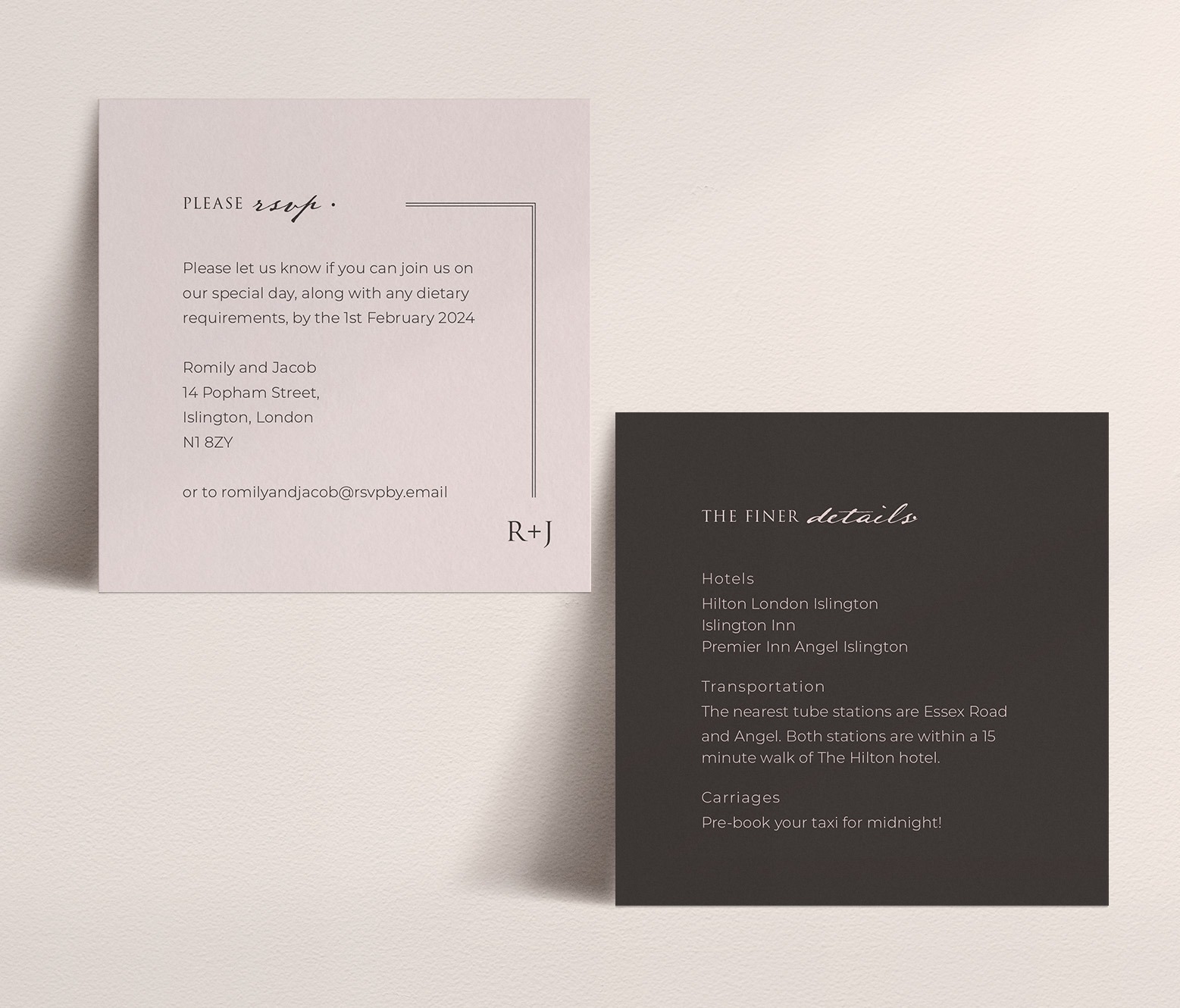 Love Story in Dusky Pink - Combined RSVP and Details Card in Pink and Dark Grey