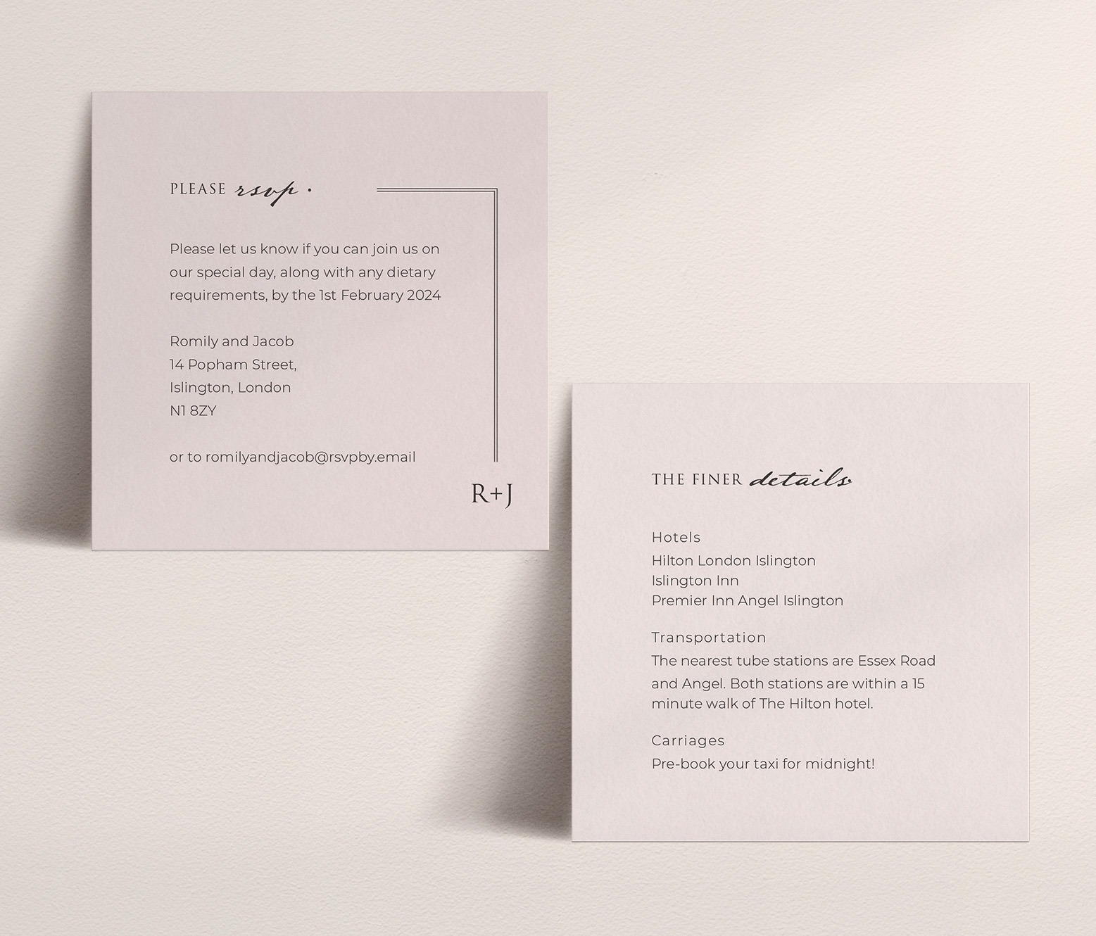 Love Story in Dusky Pink - Combined RSVP and Details Card in Pink
