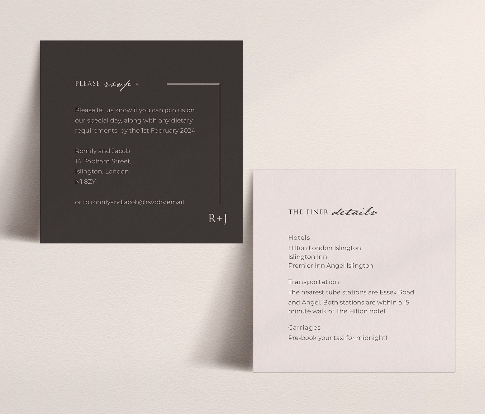 Love Story in Dusky Pink - Combined RSVP and Details Card in Pink and Dark Grey
