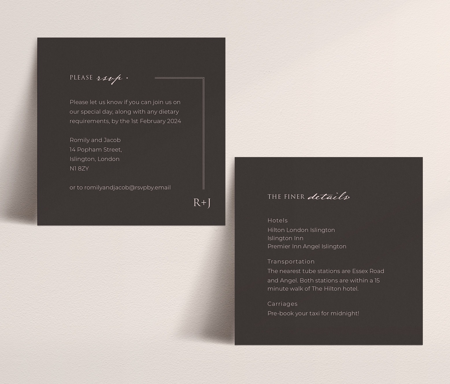 Love Story in Dusky Pink - Combined RSVP and Details Card in Dark Grey
