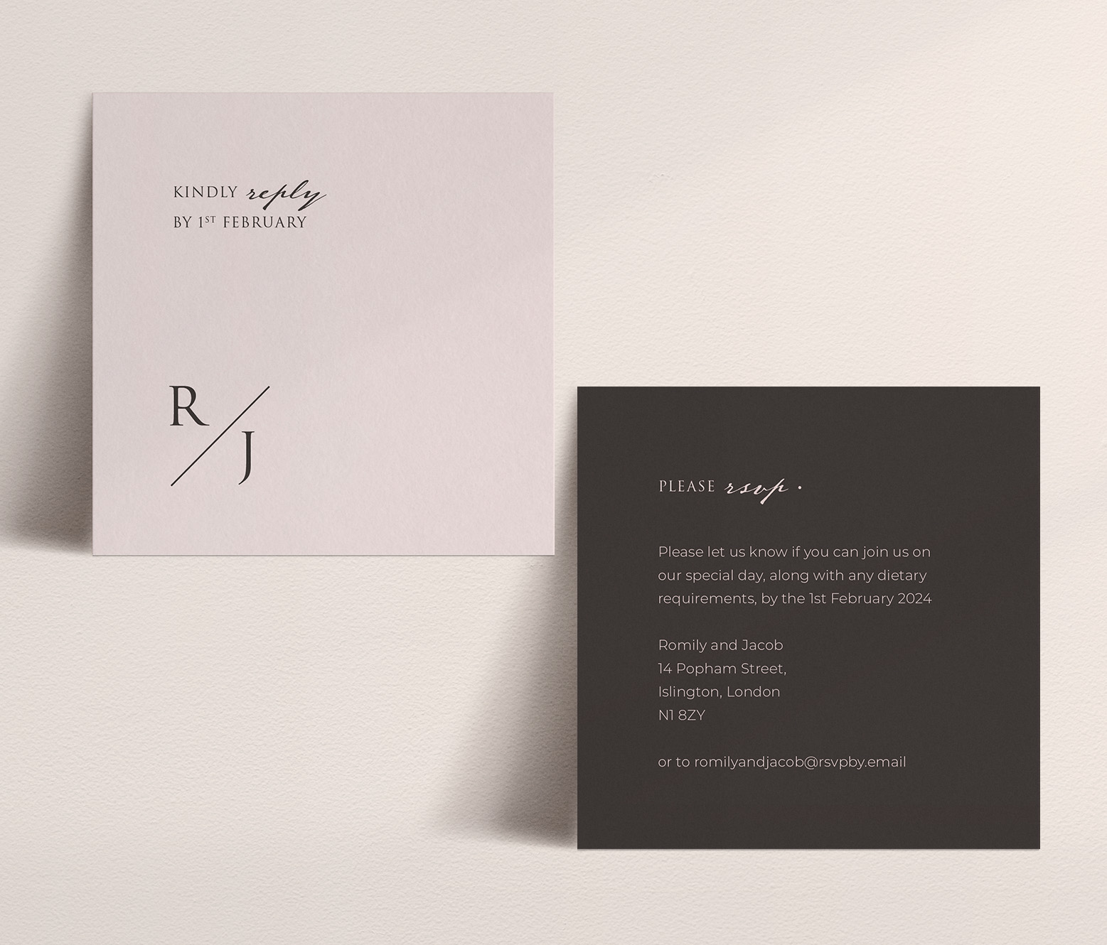 Love Story in Dusky Pink - Small RSVP Card in Pink and Dark Grey