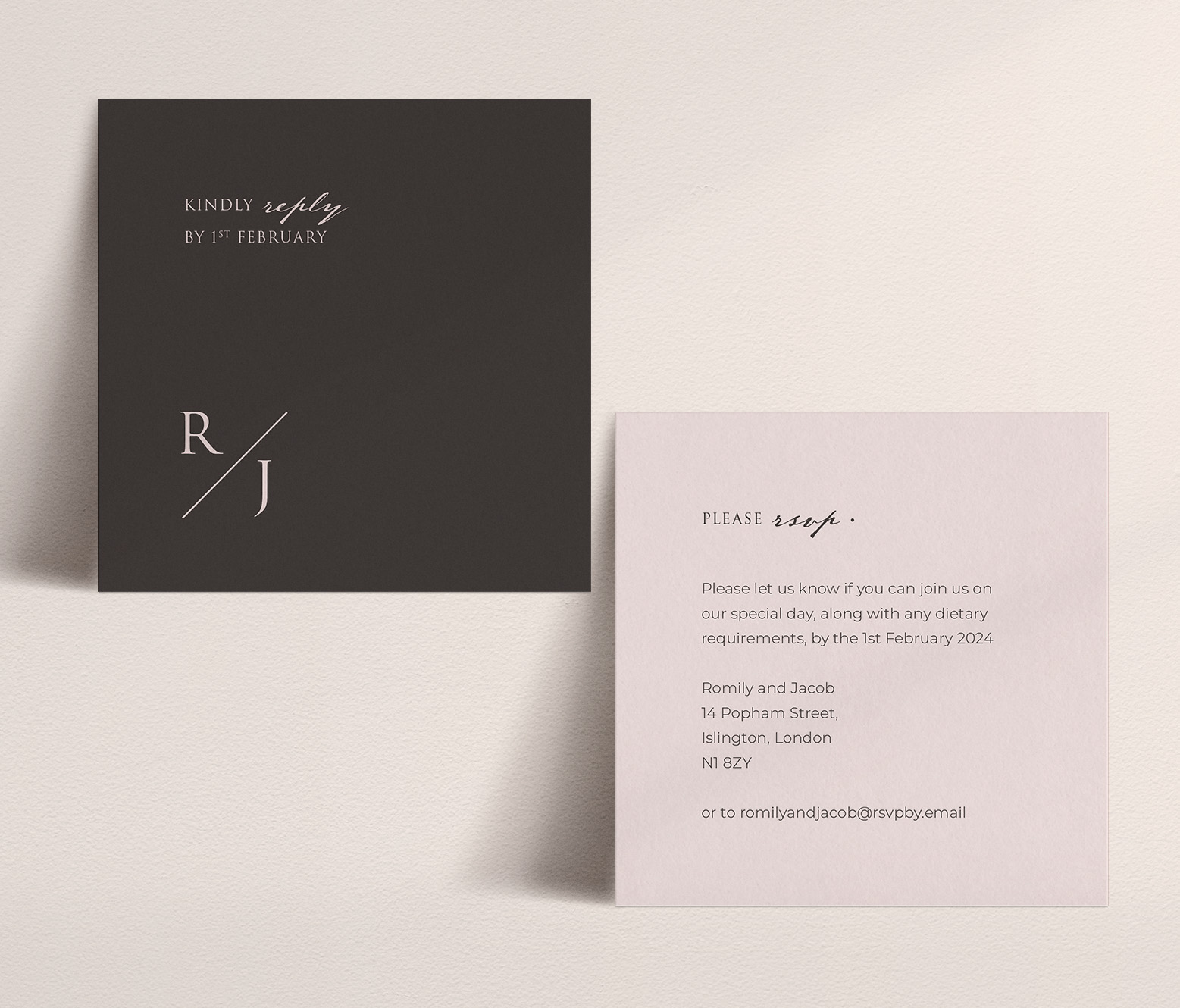 Love Story in Dusky Pink - Small RSVP Card in Pink and Dark Grey