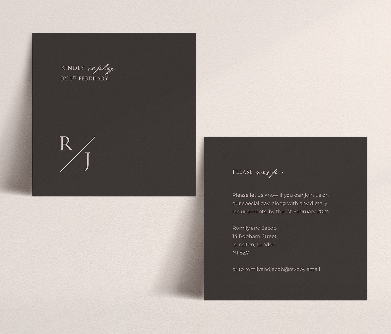 Love Story in Dusky Pink - Small RSVP Card in Dark Grey